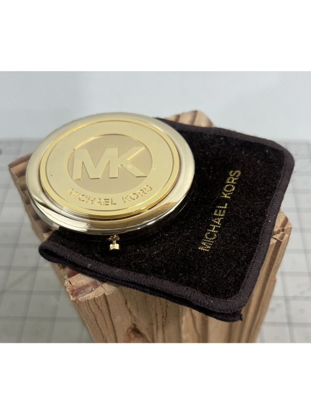 Michael Kors Gold Compact Mirror With Logo Design & Protective Pouch